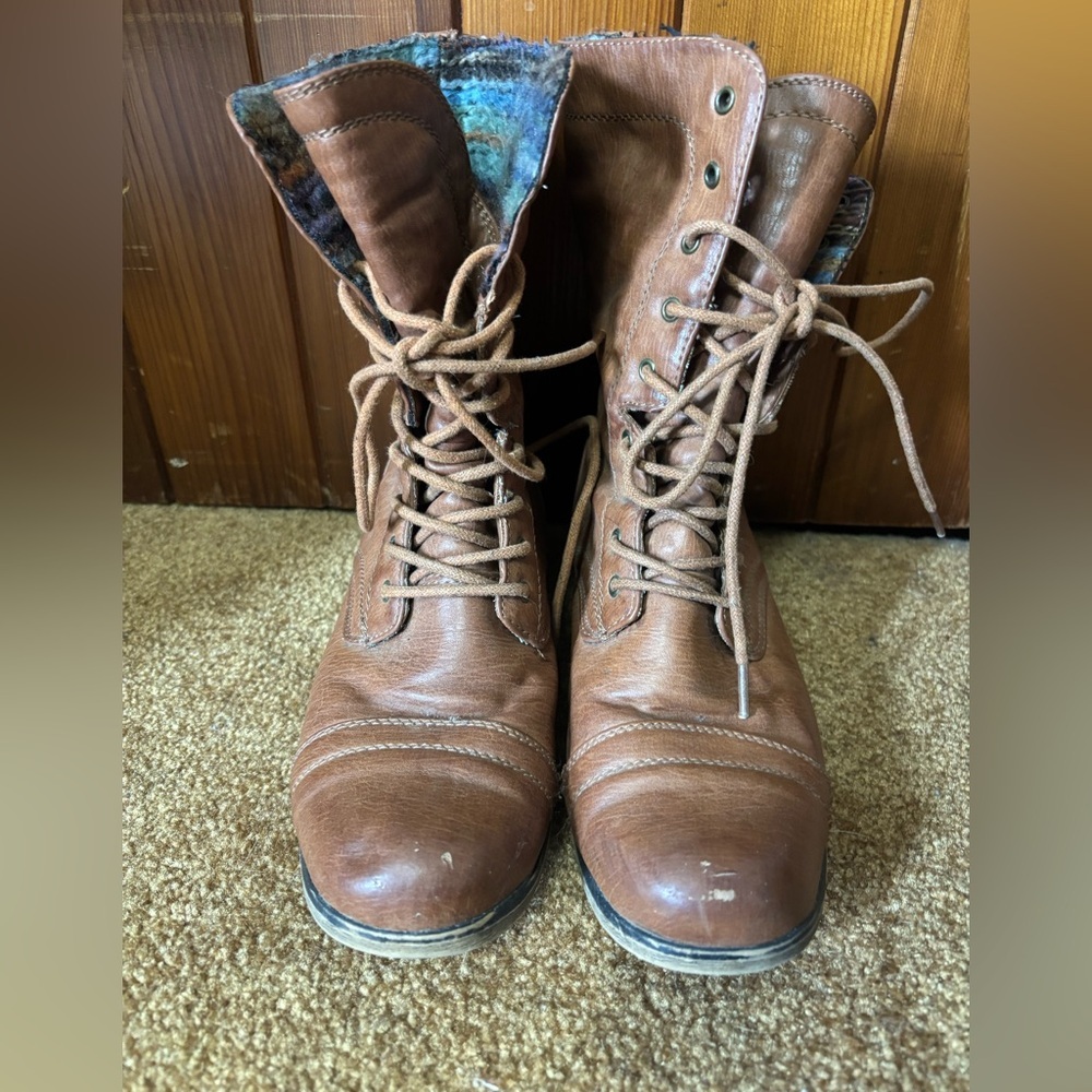 3/$20 “Call it Spring” Brown Lace-Up Boots with unique interior.